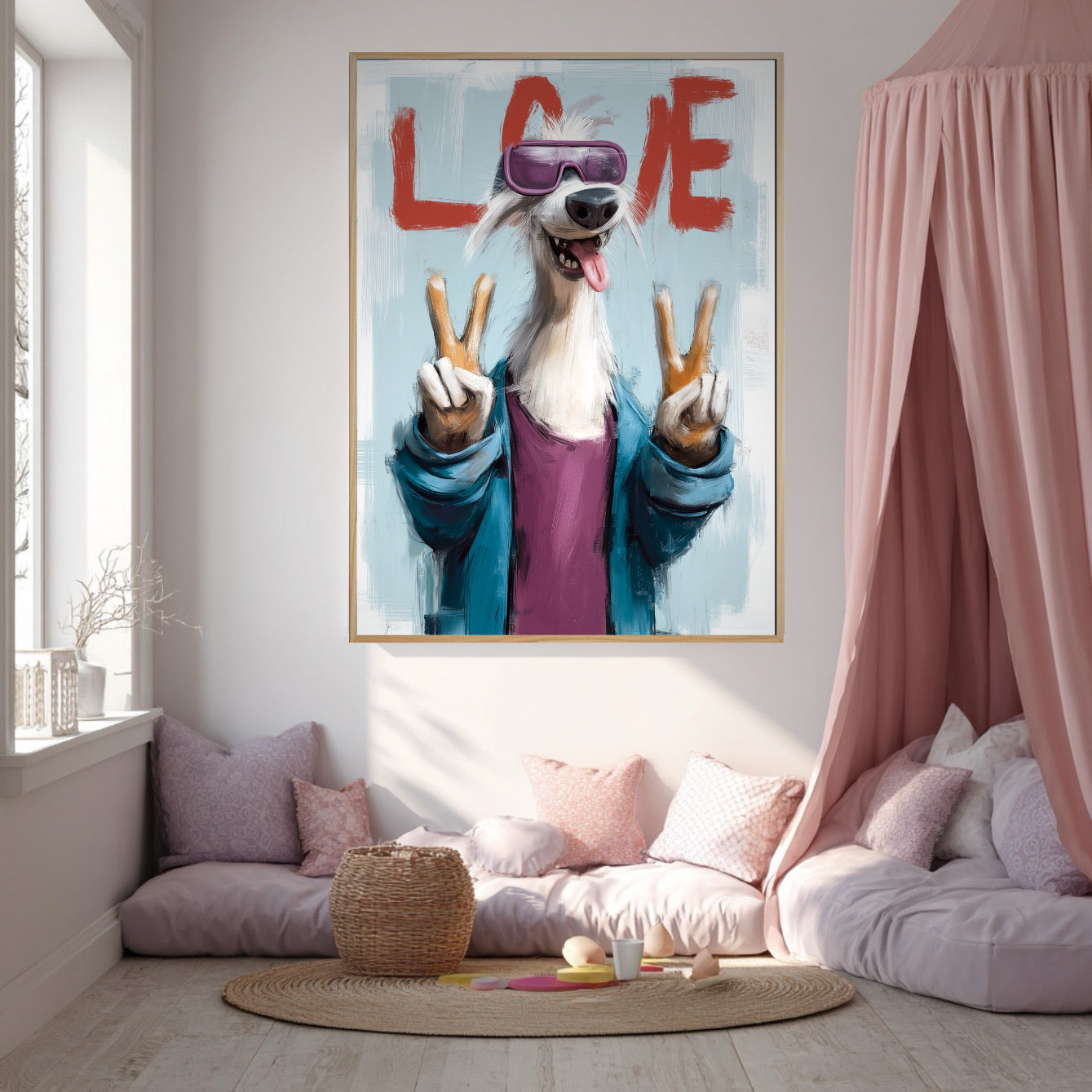 Joyful dog painting hangs above a cozy floor bed with pink pillows and canopy. Perfect for a whimsical, feminine, or child's space.
