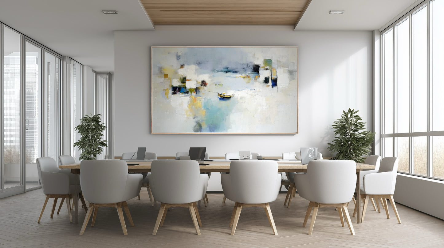 Serene abstract art creating a calm focal point in a modern conference room above the long wood table with white accent chairs.