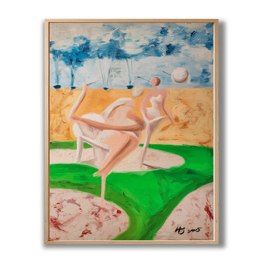 Original abstract golf painting with surreal figures. Bright green and sandy yellow tones create a playful, mixed-temperature vibe.