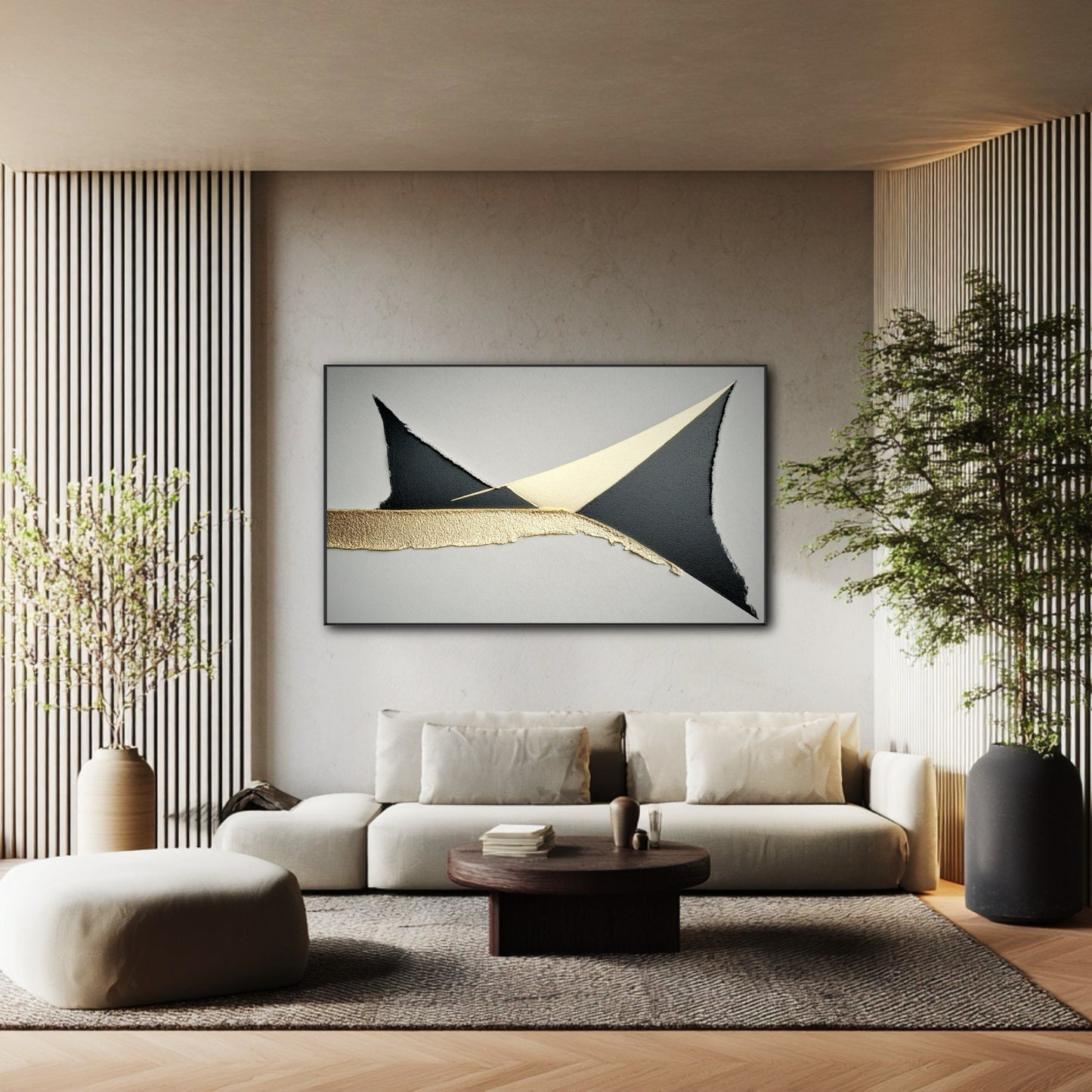Large geometric abstract with gold leaf on a wall with wood slat accents above a low-profile sofa in a Japandi-style room.