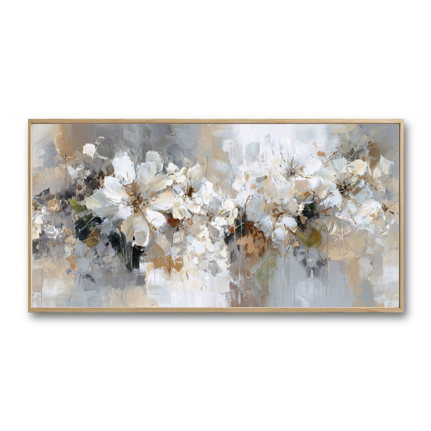 Original textured abstract floral painting. A neutral palette of white, beige, and grey creates a serene, sophisticated vibe.
