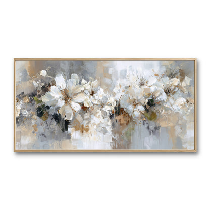 Original textured abstract floral painting. A neutral palette of white, beige, and grey creates a serene, sophisticated vibe.