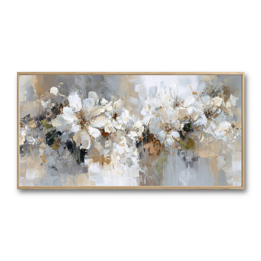 Original textured abstract floral painting. A neutral palette of white, beige, and grey creates a serene, sophisticated vibe.