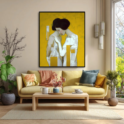 Vibrant yellow textured art of a couple. Wall art for a cozy, minimalist living room with a neutral palette and warm lighting.