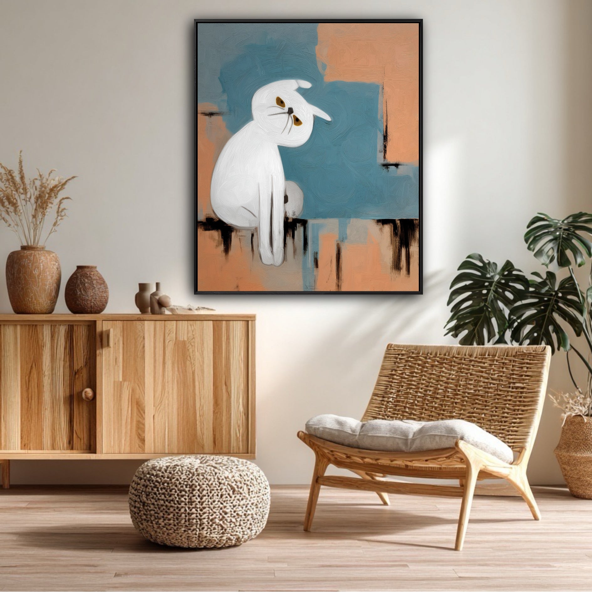 Original hand-painted cat artwork in a calm, neutral bedroom setting, enhancing minimalist wooden furniture & cozy textures.
