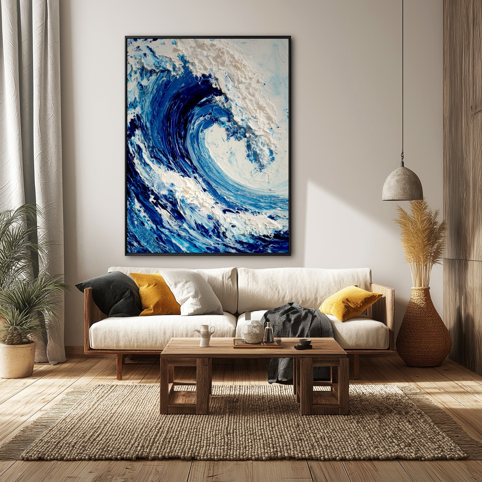 A large blue wave painting adds an organic, textural element to a modern, rustic living room with a wood coffee table and jute rug.