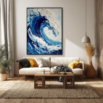 A large blue wave painting adds an organic, textural element to a modern, rustic living room with a wood coffee table and jute rug.