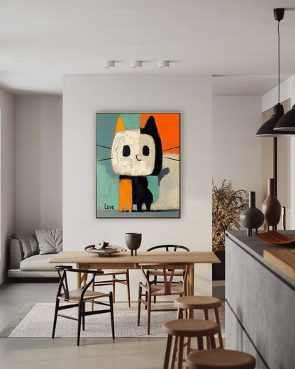 Whimsical cat painting adds vibrant color and warmth to a modern open-plan dining area with natural wood furniture.