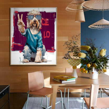 Street art style dog provides a bold focal point in an eclectic dining room with wood panels and a blue accent wall. Modern art statement.