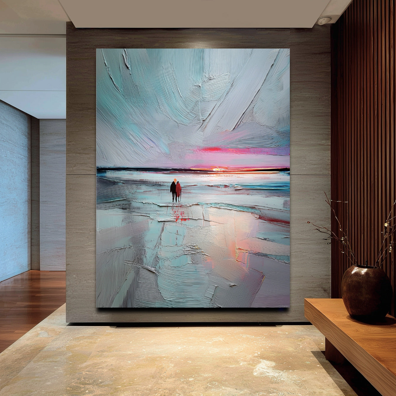 A room pic shows an abstract deco painting, creating elegant, romantic, pop, calm, natural, cozy, and sophisticated vibes.