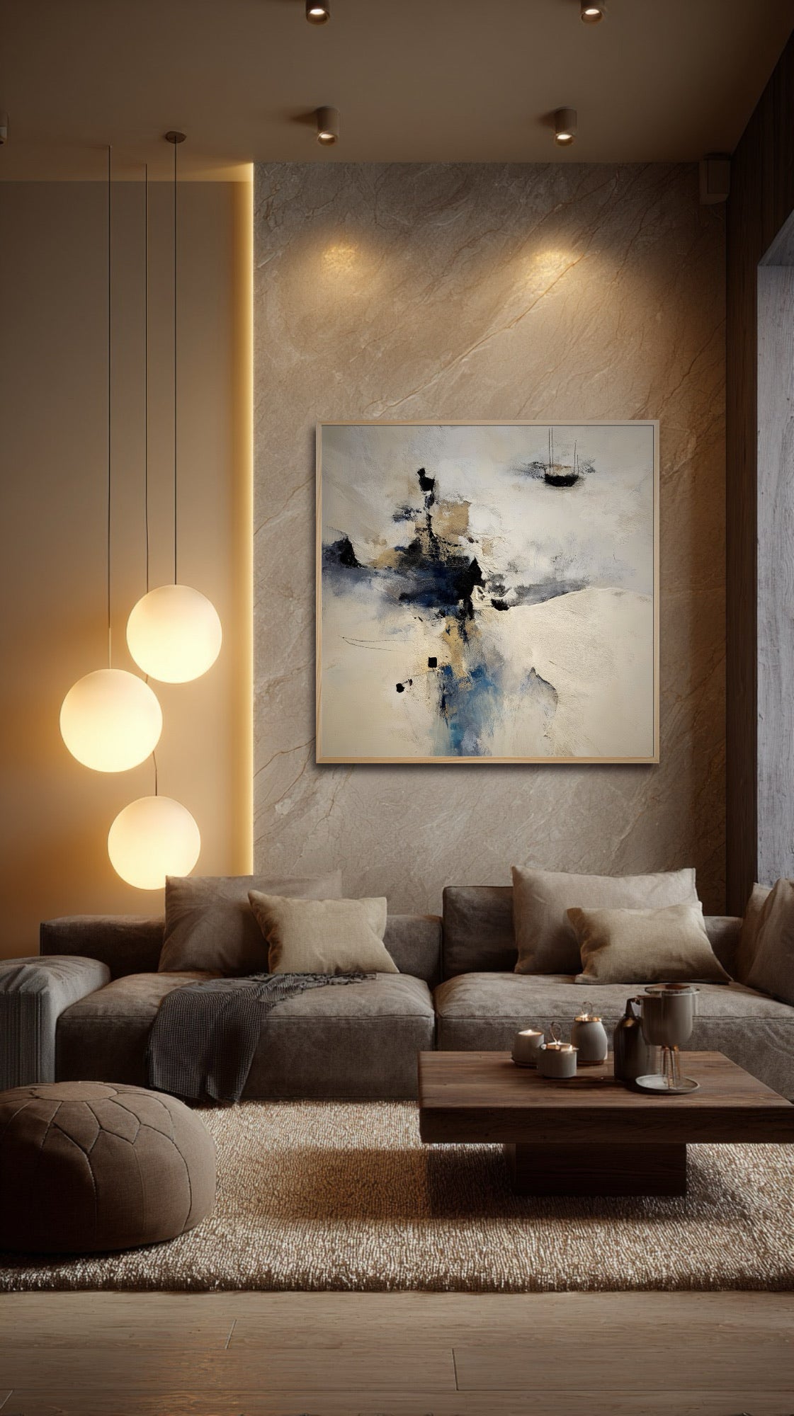 Abstract painting provides a cool focal point in a warm, contemporary media room; complements the stone wall, recessed lighting, and earthy neutral furniture.