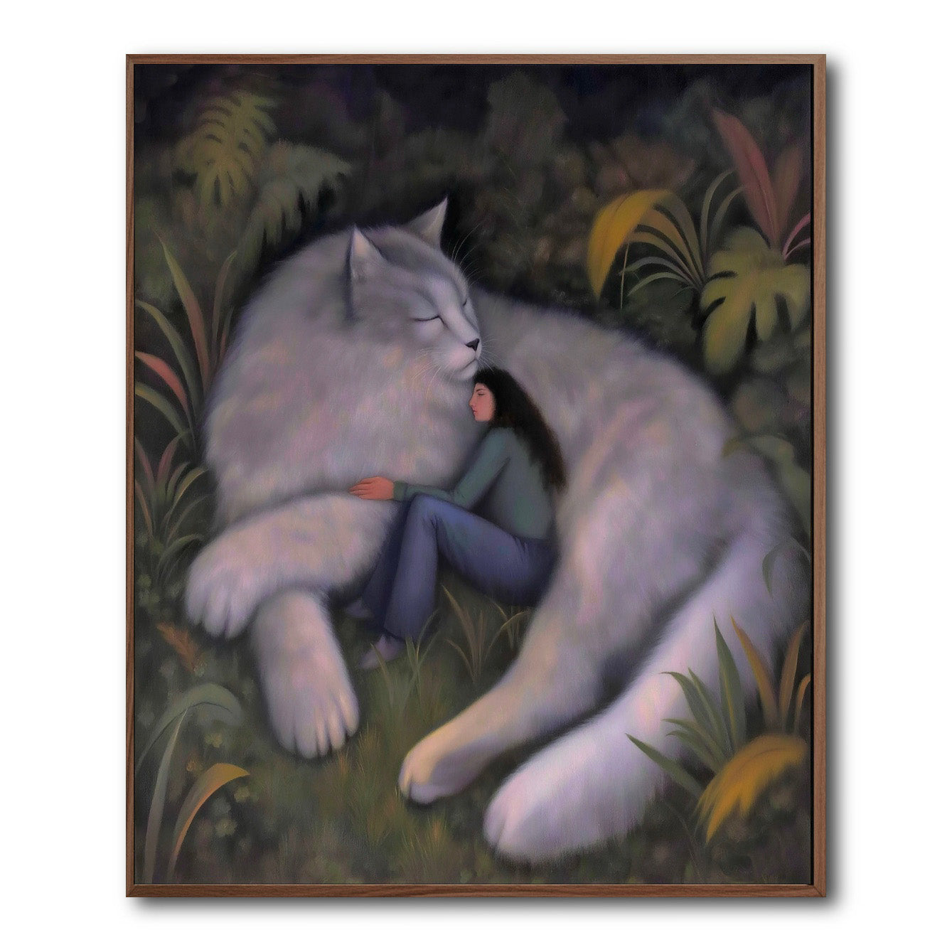 Original surreal painting: giant fluffy gray cat hugs human in dark, cool-toned jungle setting. Fantasy art, comforting vibe.
