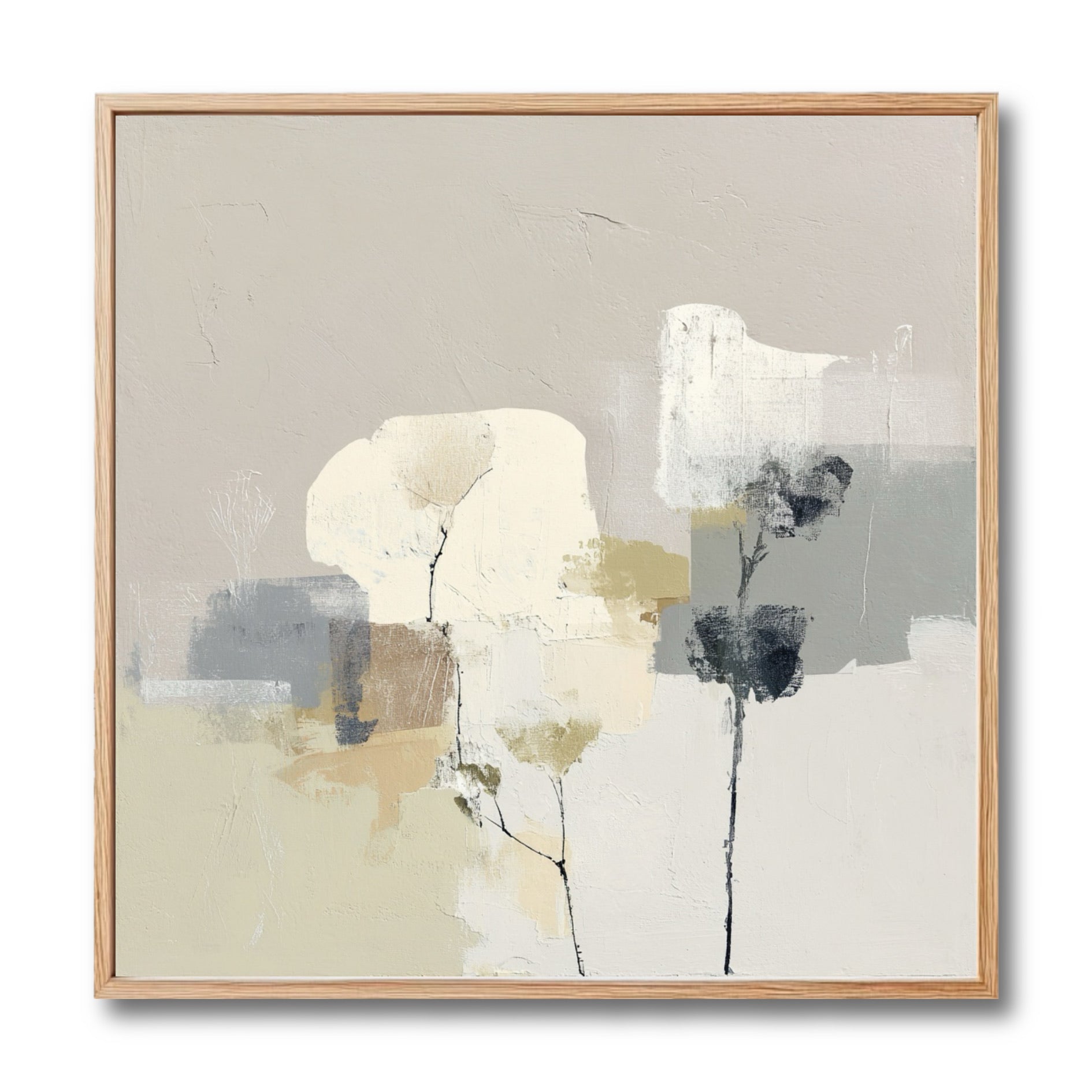 Original abstract floral painting with a textured, neutral color palette. Calming beige, grey, and cream tones create a serene, minimalist vibe.