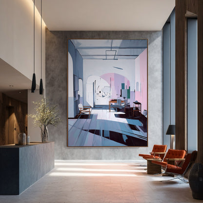 Abstract architectural art adds a cool, modern mood to a cozy corner featuring a soft mint green accent chair and plants.