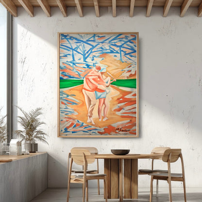 Original abstract golf couple art in an industrial dining room. Warm orange tones soften the raw concrete walls and wood beams.