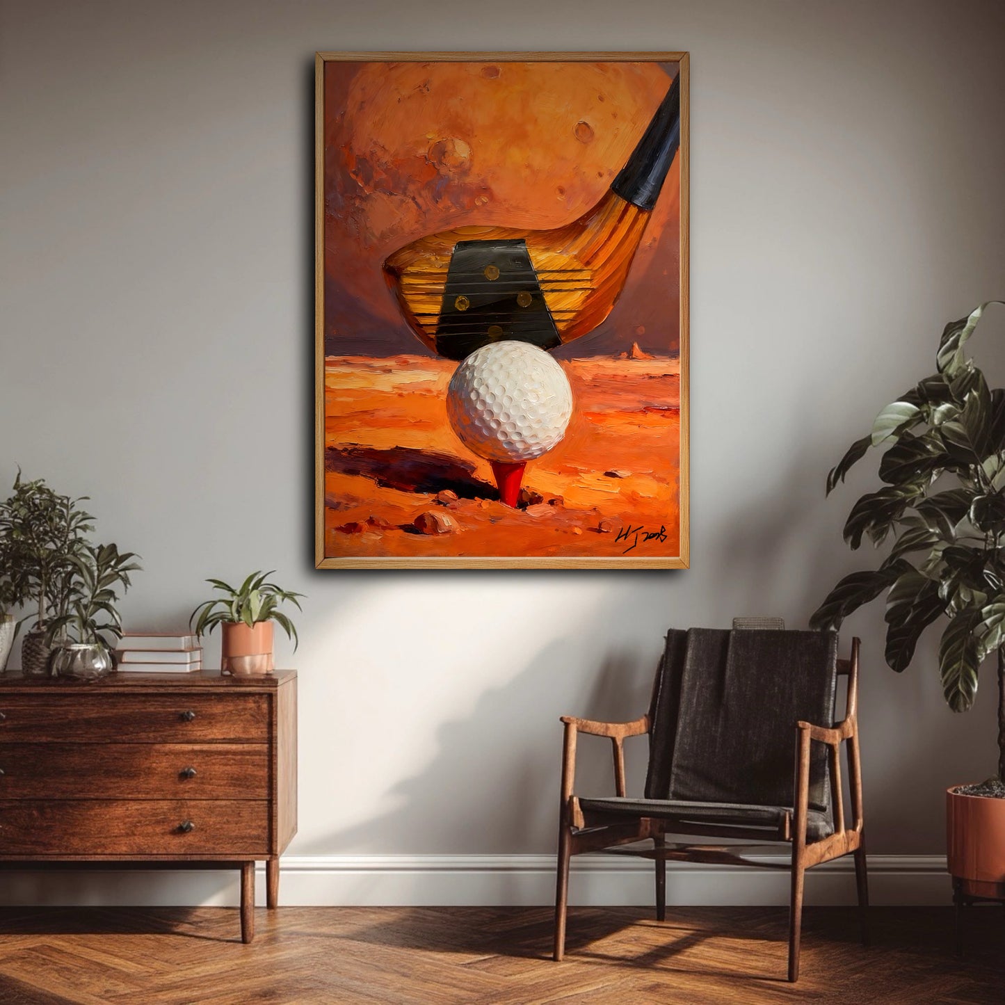 Hand-painted vintage style golf artwork styled over a wooden cabinet. Deep orange hues complement mid-century modern decor.
