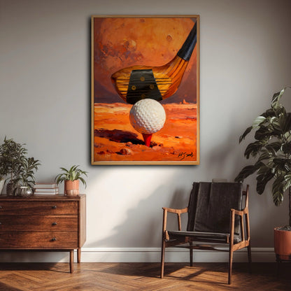 Hand-painted vintage style golf artwork styled over a wooden cabinet. Deep orange hues complement mid-century modern decor.