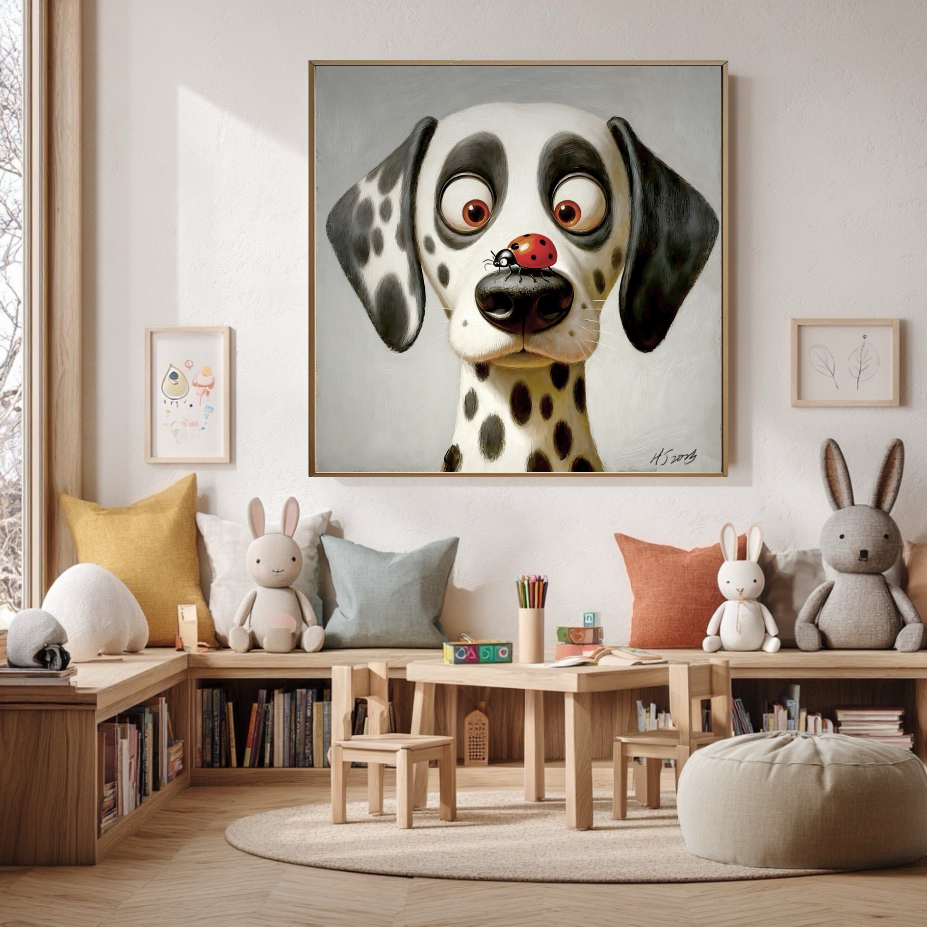 Whimsical Dalmatian dog painting hung in a cozy, bright child's playroom above a wooden bench with books and stuffed animals.