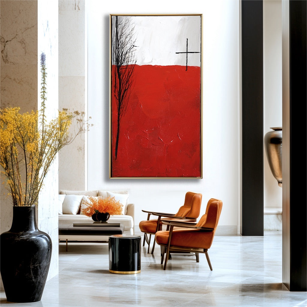 Modern living room with abstract red painting, orange chairs, and a vase with yellow flowers.
