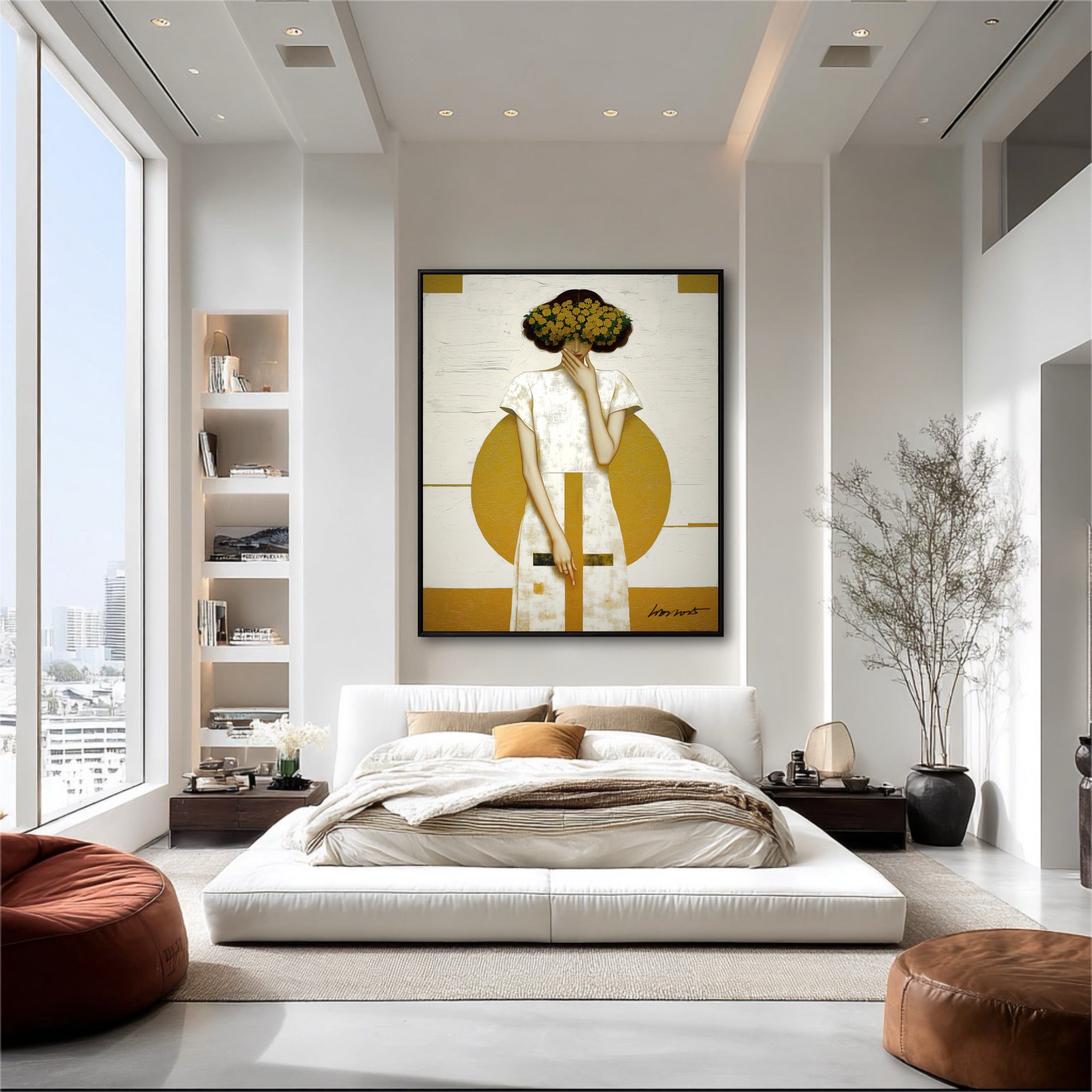 Textured abstract couple painting. Modern bedroom wall art for a serene, minimalist space. Neutral palette creates a calming focal point.