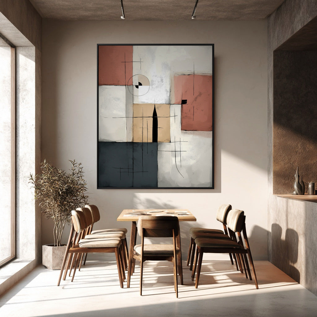 Dining room with wooden table and chairs, abstract art on the wall, and natural light.