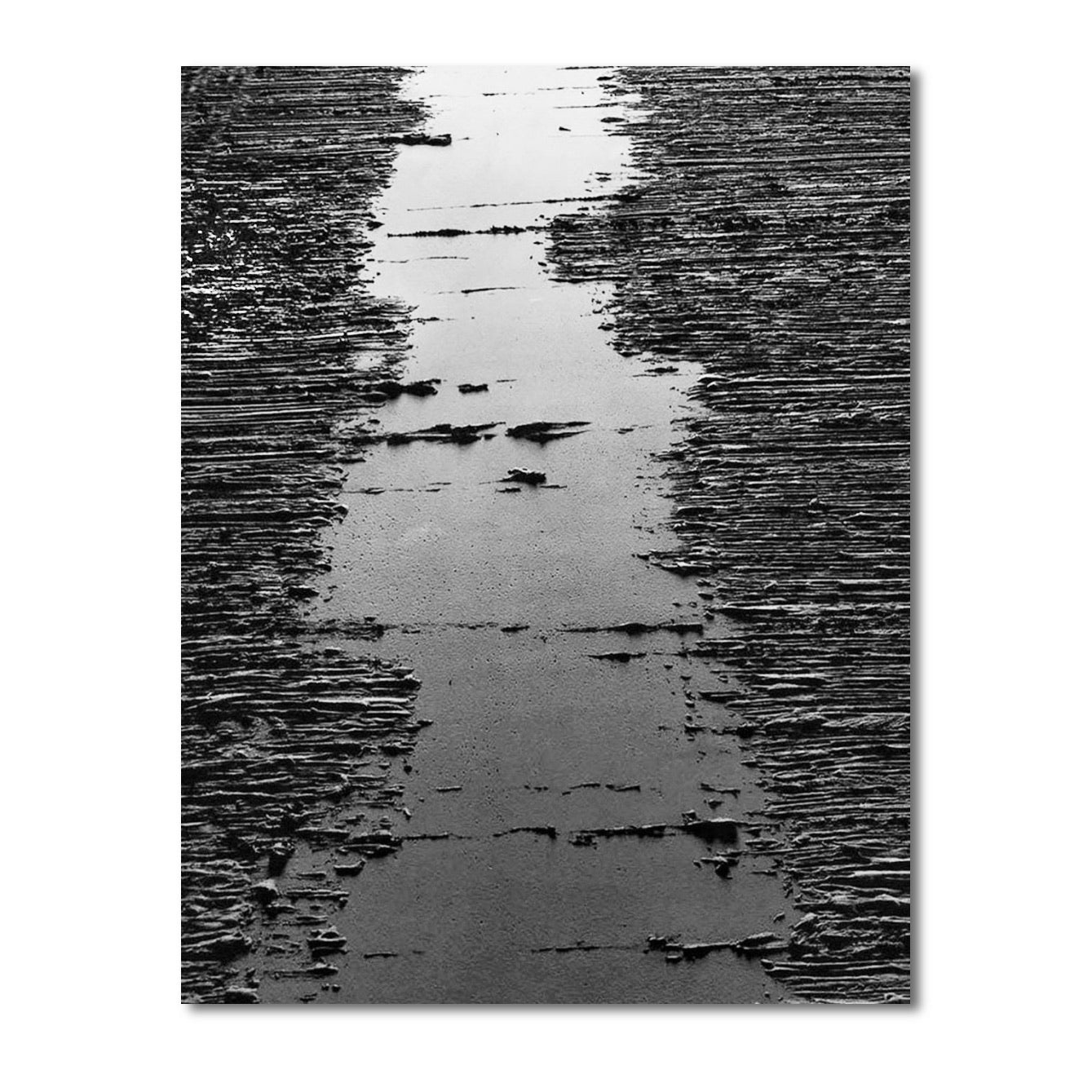 Original abstract black and white texture art: dramatic contrast, modern path/river scene, cold tone, contemporary wall art vibe.