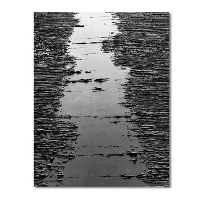Original abstract black and white texture art: dramatic contrast, modern path/river scene, cold tone, contemporary wall art vibe.