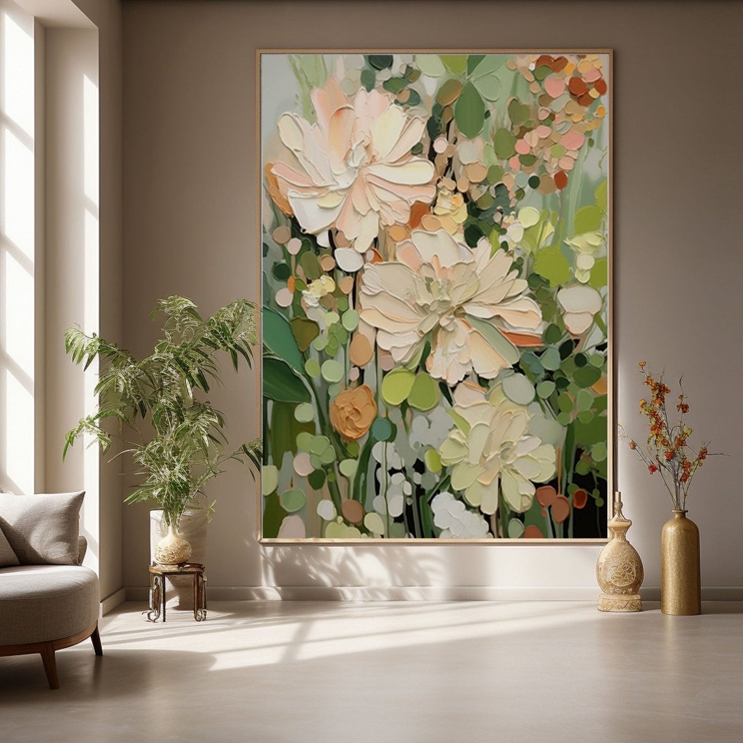 Oversized floral impasto painting acts as a dramatic focal point in a minimalist loft, enhanced by warm natural sunlight and tall ceilings.