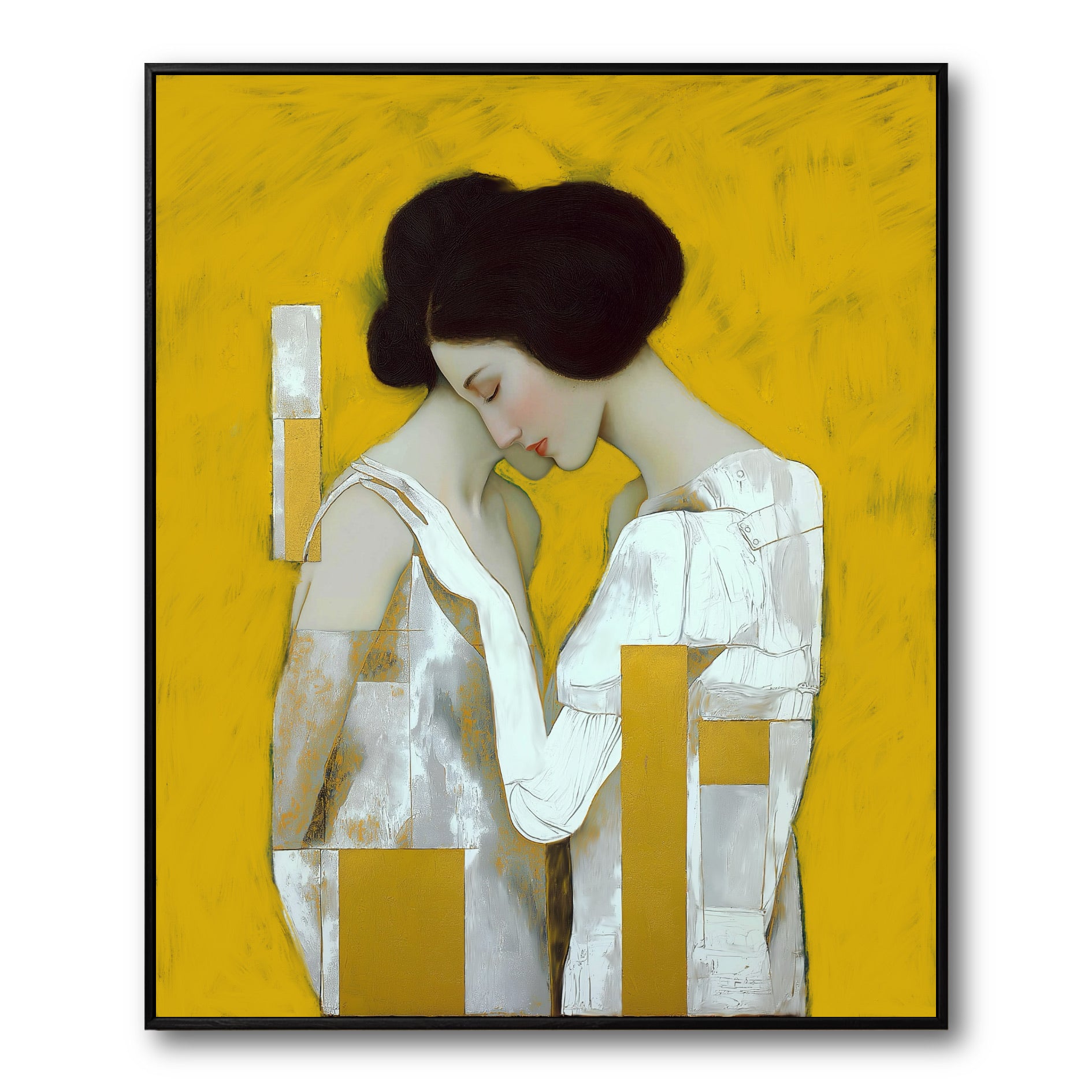 Modern abstract art of two women embracing. Textured painting in a vibrant yellow and neutral palette. Creates a bold focal point.