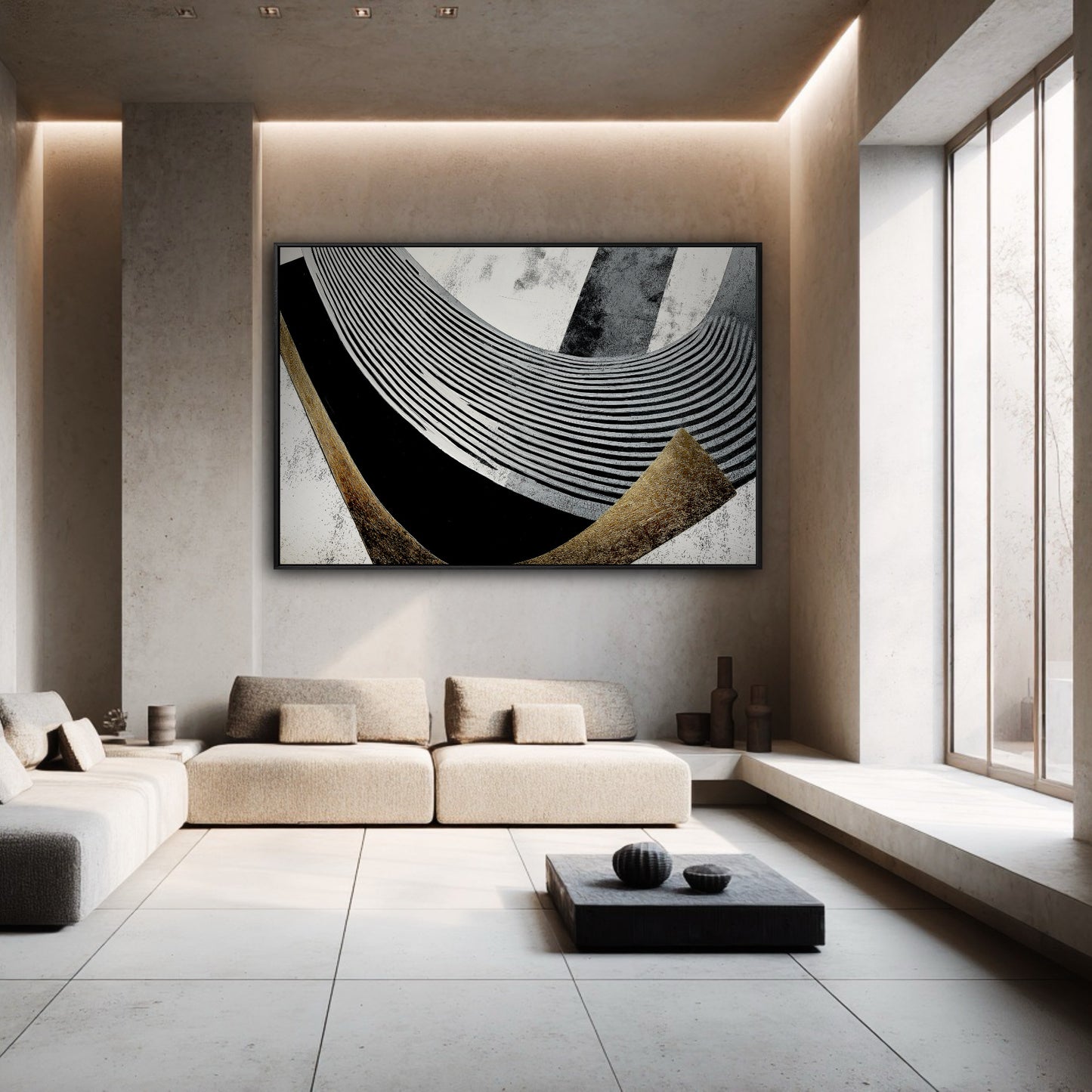 Large-scale kinetic op-art painting in a grand minimalist living room with high ceilings and architectural lighting.
