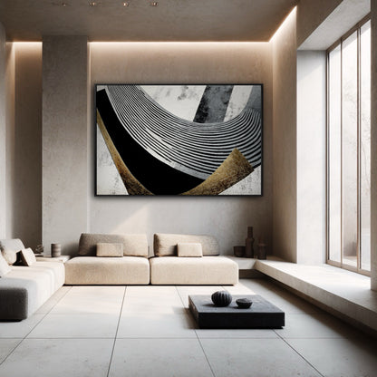Large-scale kinetic op-art painting in a grand minimalist living room with high ceilings and architectural lighting.