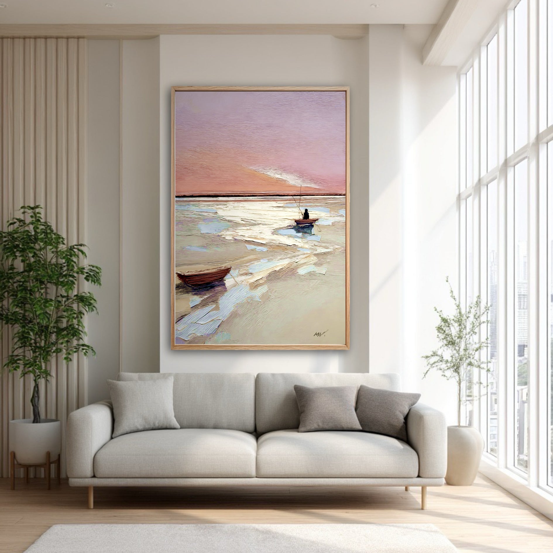 A large vertical boat painting adds serene, warm light to a bright, modern living room with a light grey sofa and large window.