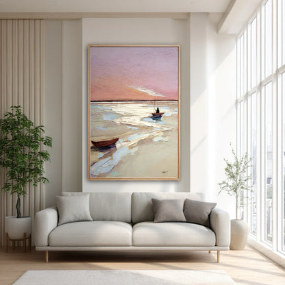 A large vertical boat painting adds serene, warm light to a bright, modern living room with a light grey sofa and large window.