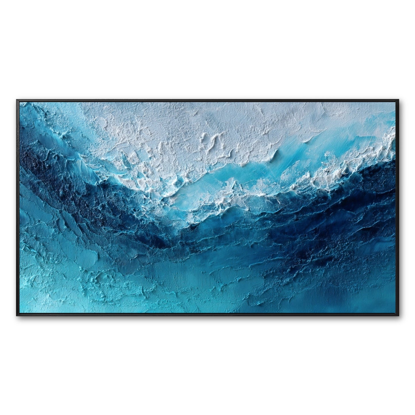Original abstract ocean painting. Heavy impasto texture in deep blue, turquoise, and white. A modern, cold-tone aerial seascape.