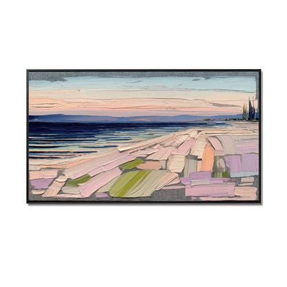 Original, unique textured impasto oil painting of an abstract beach at sunset with a mix of cool and warm tones and a modern, bold vibe.