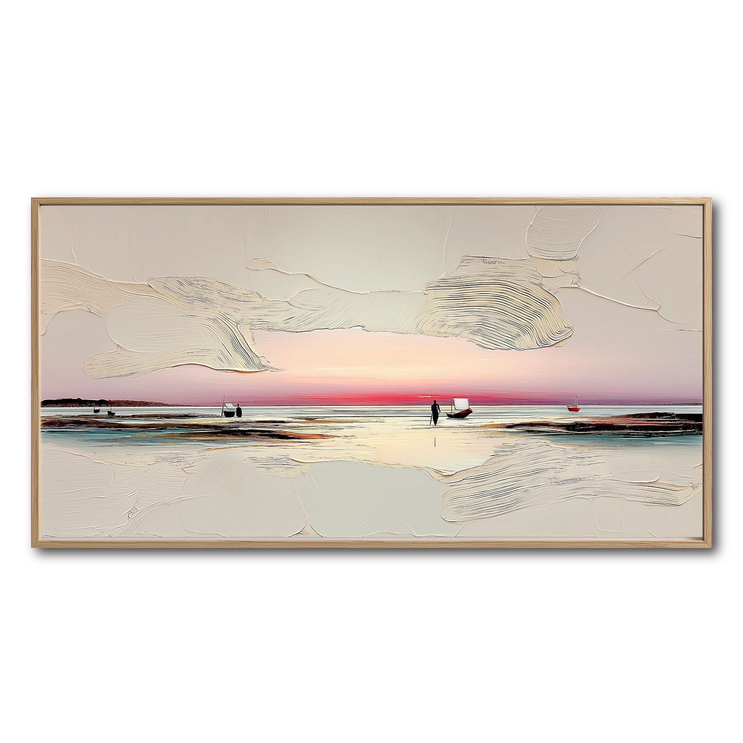 Original impasto seascape painting. Thick white texture, warm pink sunset, and a lone figure with boats. Modern coastal art.