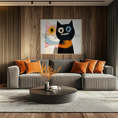 Bold abstract cat artwork complements the warm wood-paneled living room, echoing the orange tones of the modern sectional couch.