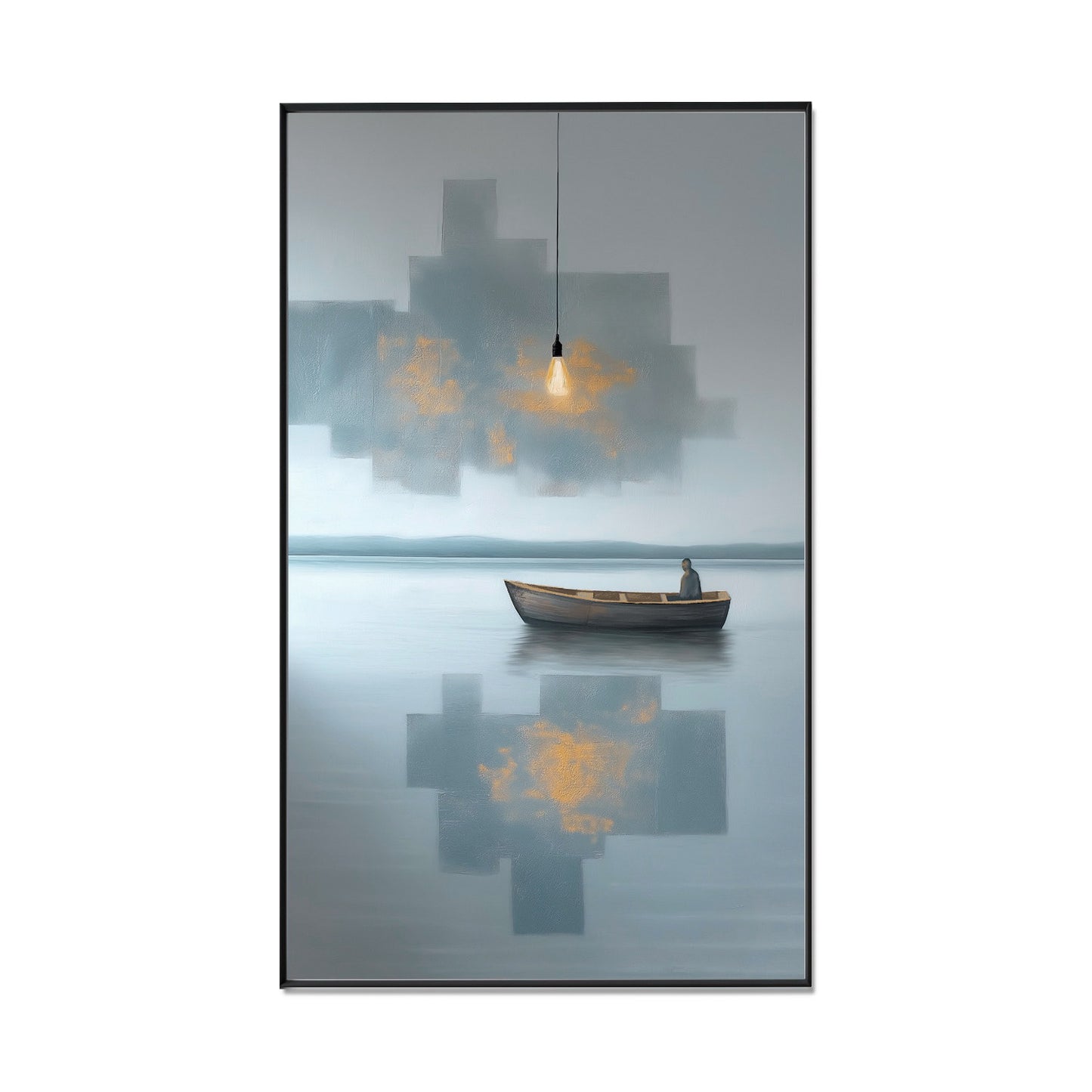 Original hand-painted abstract minimalist boat art. Cool, neutral tones, pixelated light, lone figure on calm water, serene/moody vibe.