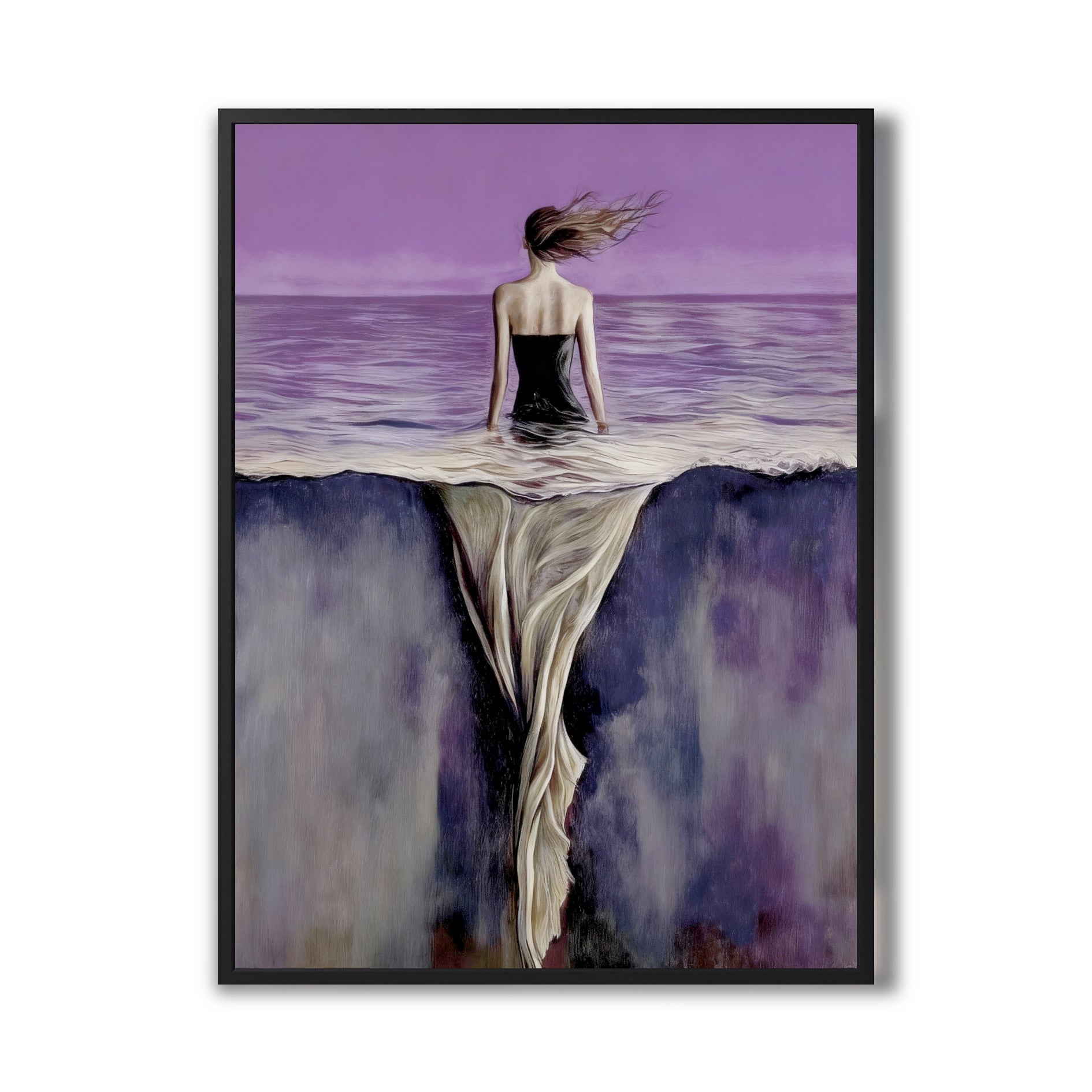 Original surreal painting of a woman in a purple ocean. Figurative art in cool-tone purple, black, and white. Modern, mysterious vibe.