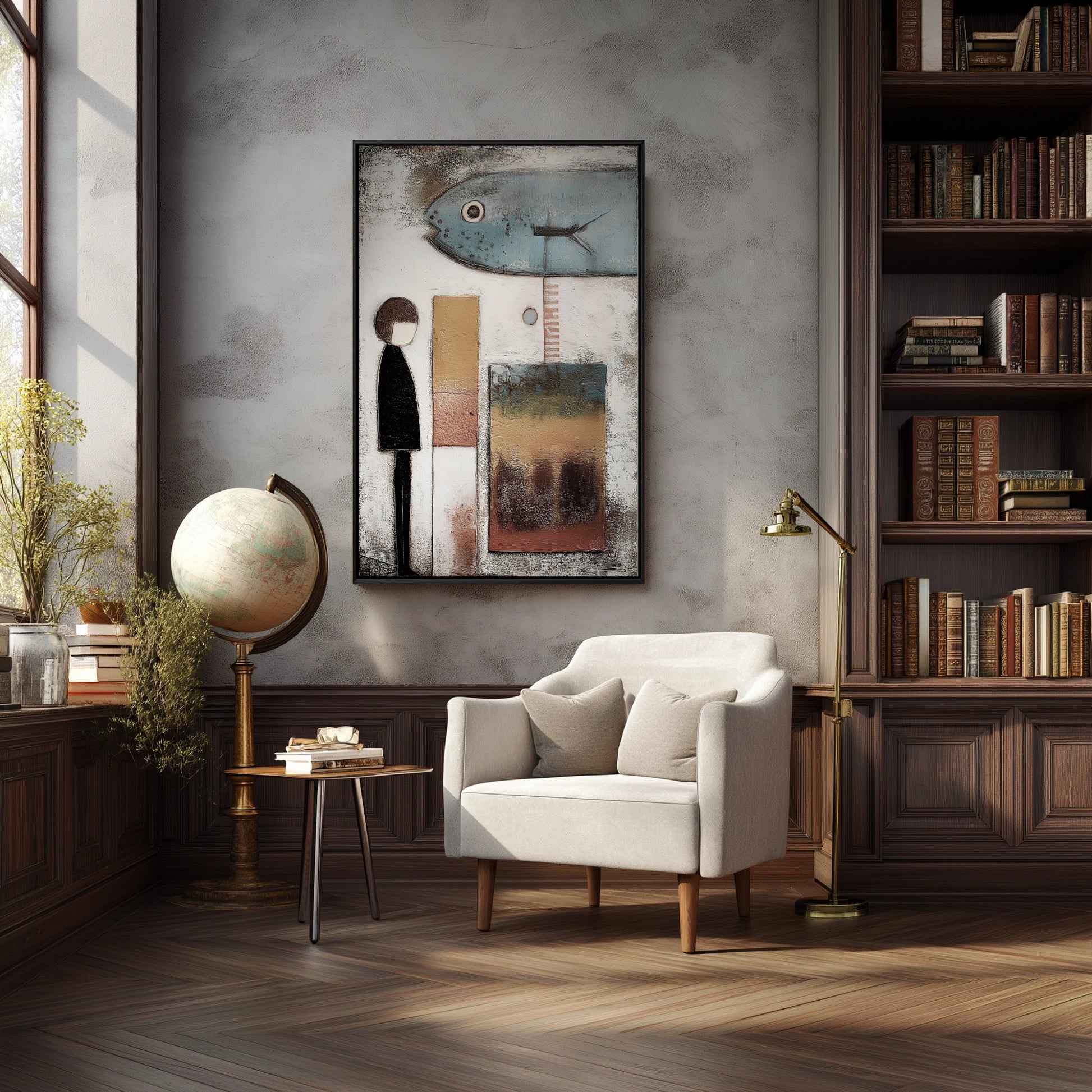 Folk art painting creates a unique centerpiece in a traditional library with rich wood paneling, built-in bookshelves, and a cozy armchair.