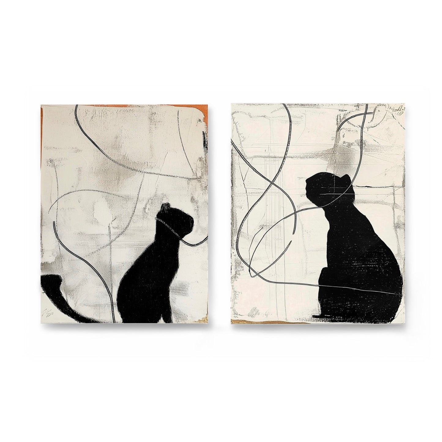 Original abstract cat diptych painting. Black silhouette, white background, expressive lines, high texture. Neutral/cool tones.
