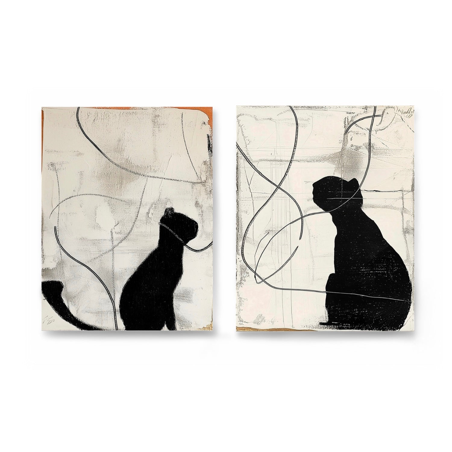 Original abstract cat diptych painting. Black silhouette, white background, expressive lines, high texture. Neutral/cool tones.