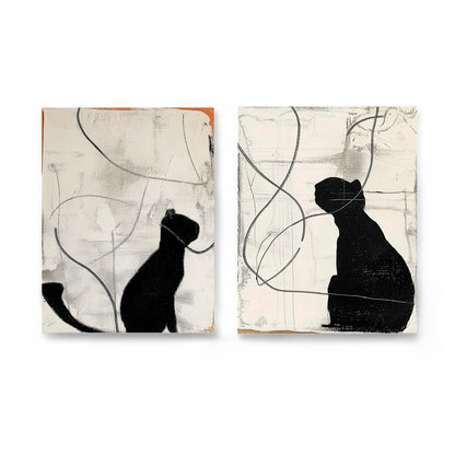 Original abstract cat diptych painting. Black silhouette, white background, expressive lines, high texture. Neutral/cool tones.