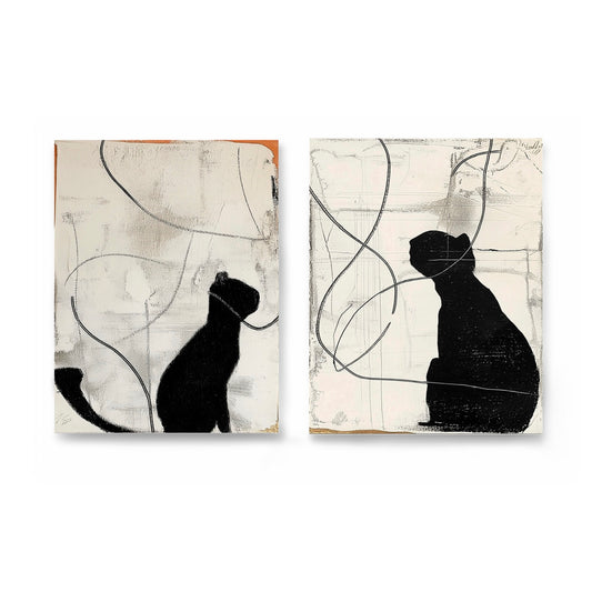 Original abstract cat diptych painting. Black silhouette, white background, expressive lines, high texture. Neutral/cool tones.