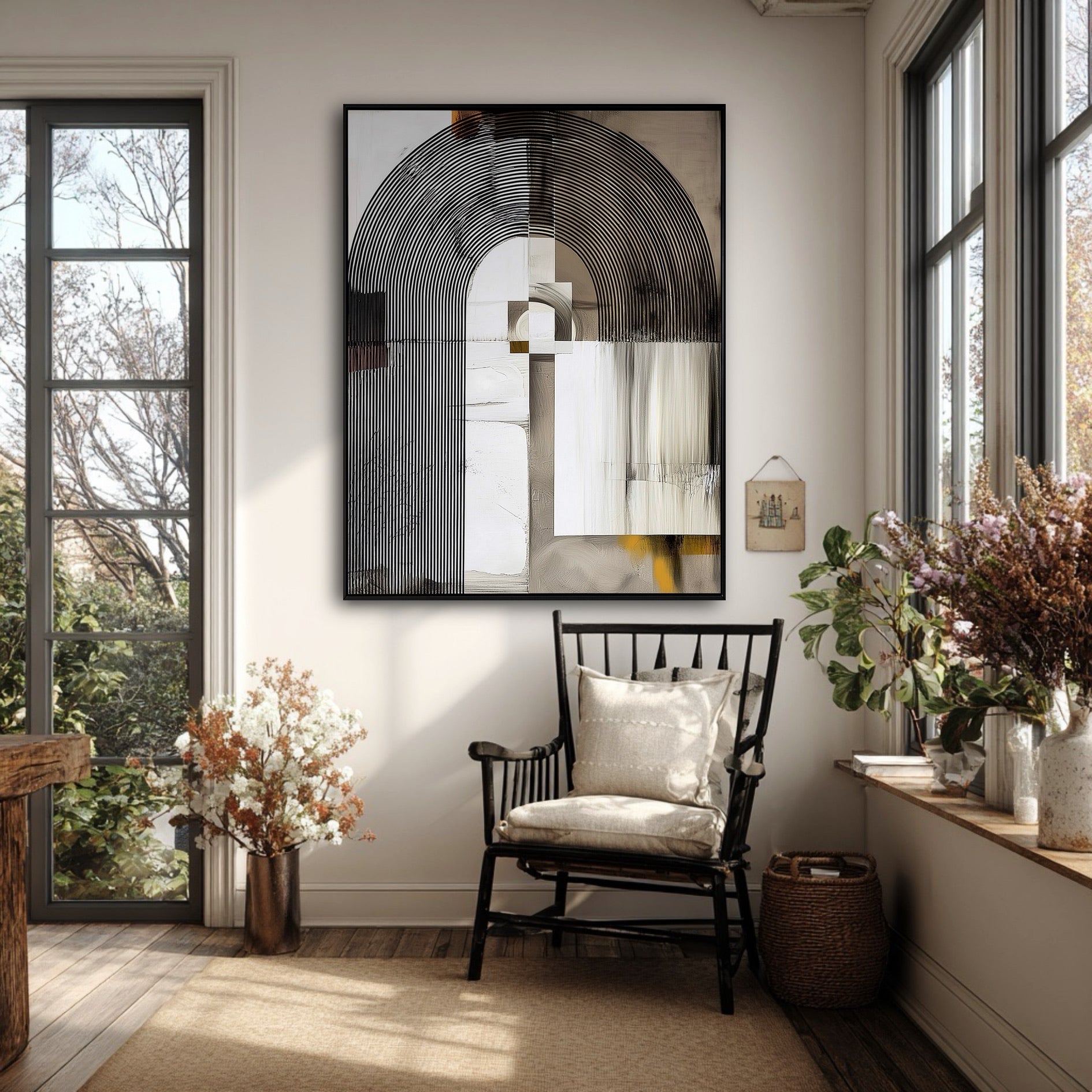 Original geometric abstract art brightening a rustic reading nook with a black wooden chair and large windows.