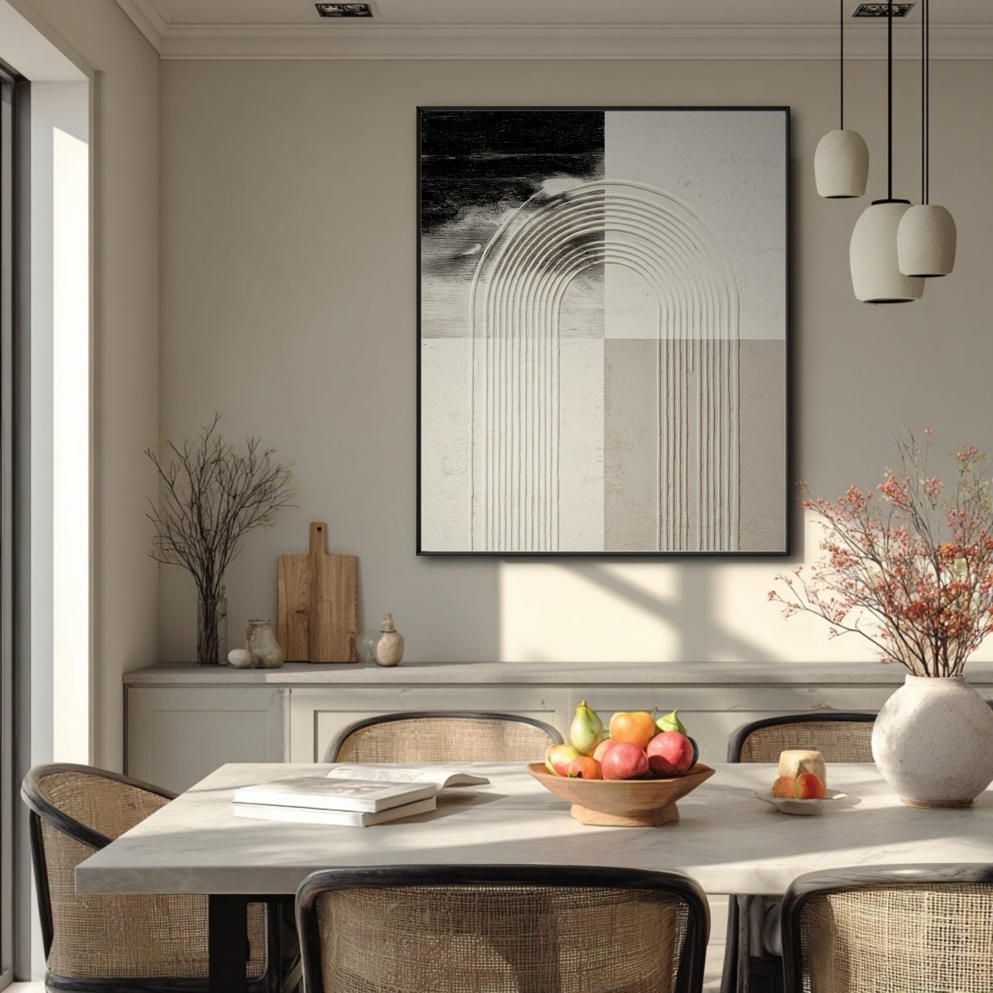 Textured neutral abstract art hangs in a bright, modern dining room with rattan chairs and a white marble table.