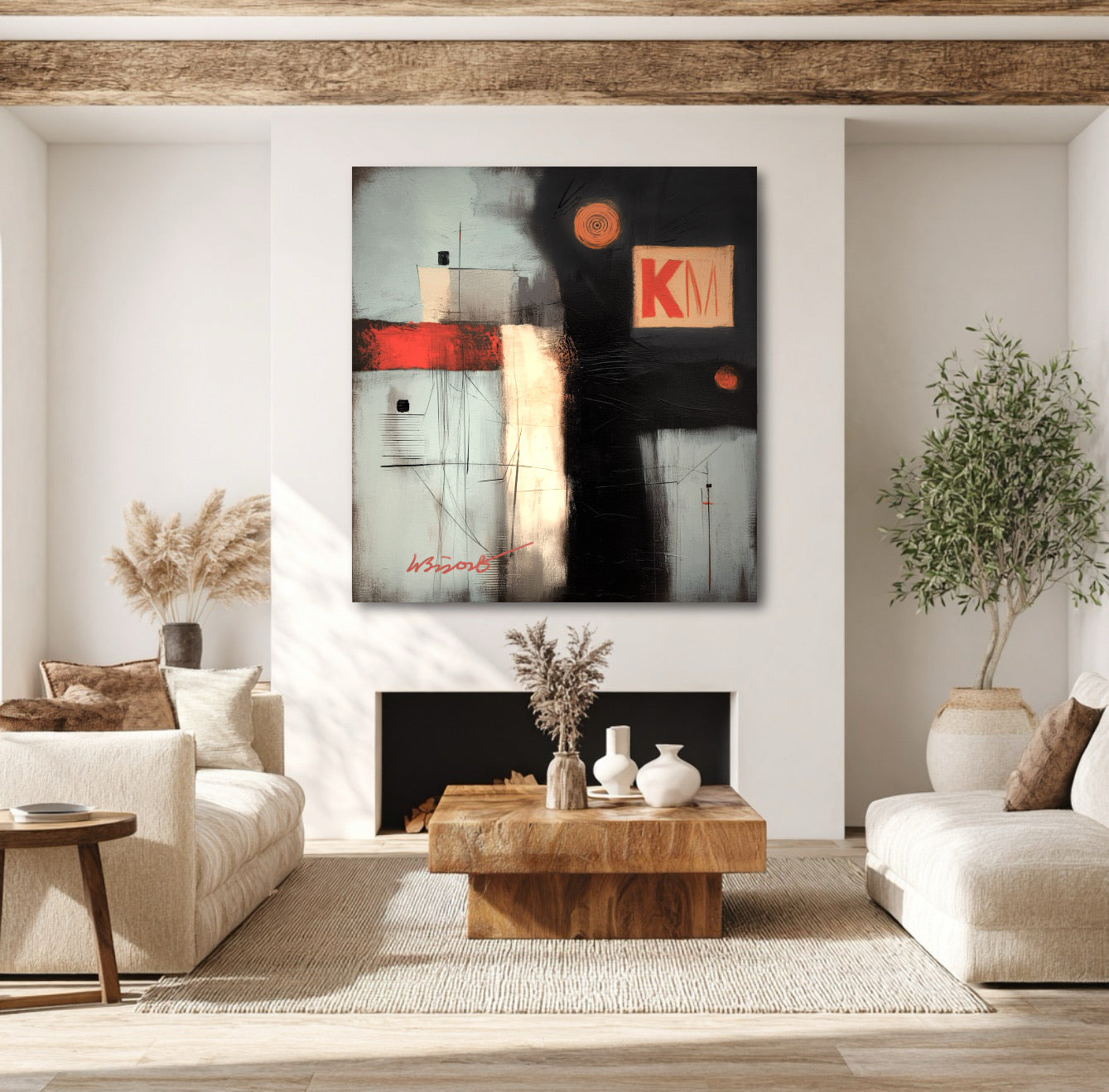 KM abstract painting anchors a cozy, rustic living room above a fireplace, flanked by white sofas and a chunky wood coffee table.