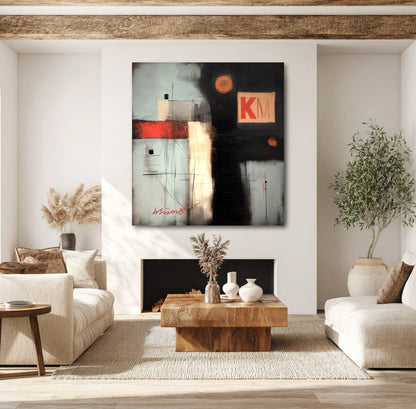 KM abstract painting anchors a cozy, rustic living room above a fireplace, flanked by white sofas and a chunky wood coffee table.