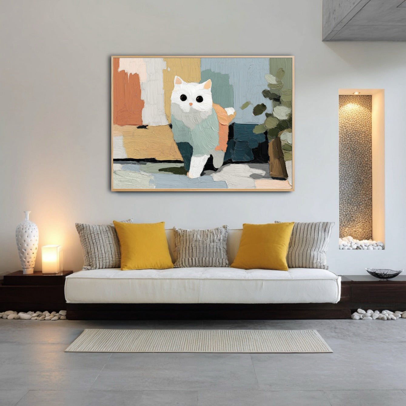 Abstract cat figure painting anchors a minimalist, spa-like lounge with a low platform sofa, yellow accent pillows, and decorative stone-filled niches with soft lighting.