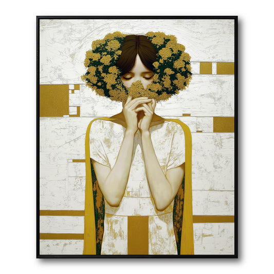 Modern portrait of a woman with a floral crown. Textured canvas art in white, black, and gold. Ideal for contemporary decor.
